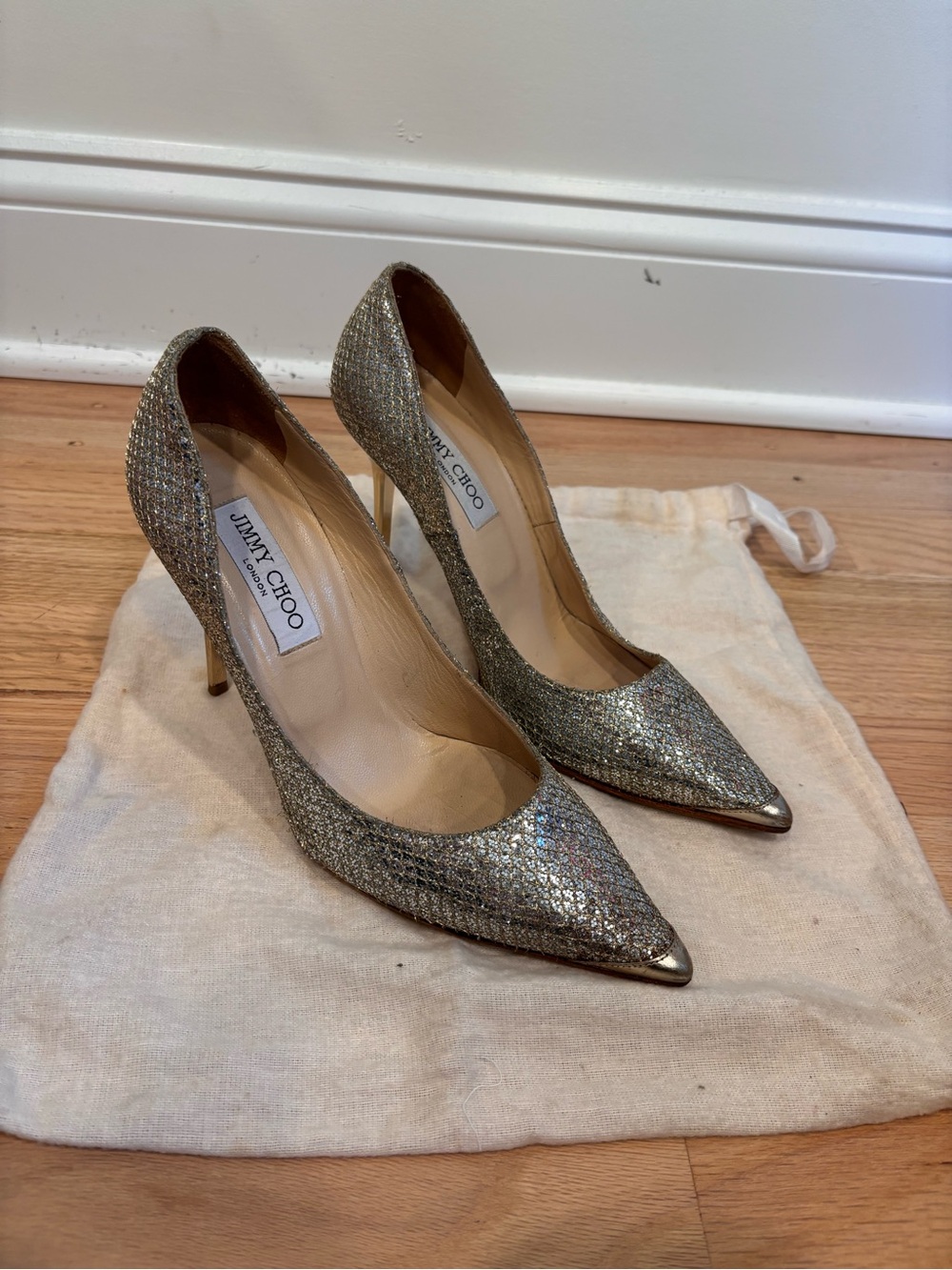 Jimmy Choo 100mm Abel Glitter Pointed Toe Pumps Heels Gold/Silver Champagne sz38 - Picture 1 of 13